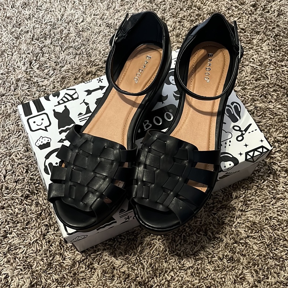 Bamboo black platform sandals, woven open toe, ankle strap, Y2K style, fisherman